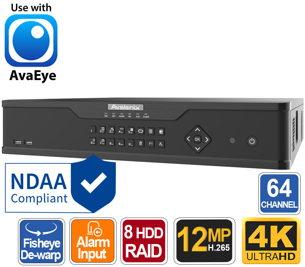 64 Channel 4K Network Video Recorder, RAID, 8 SATA HDD, AvaEye