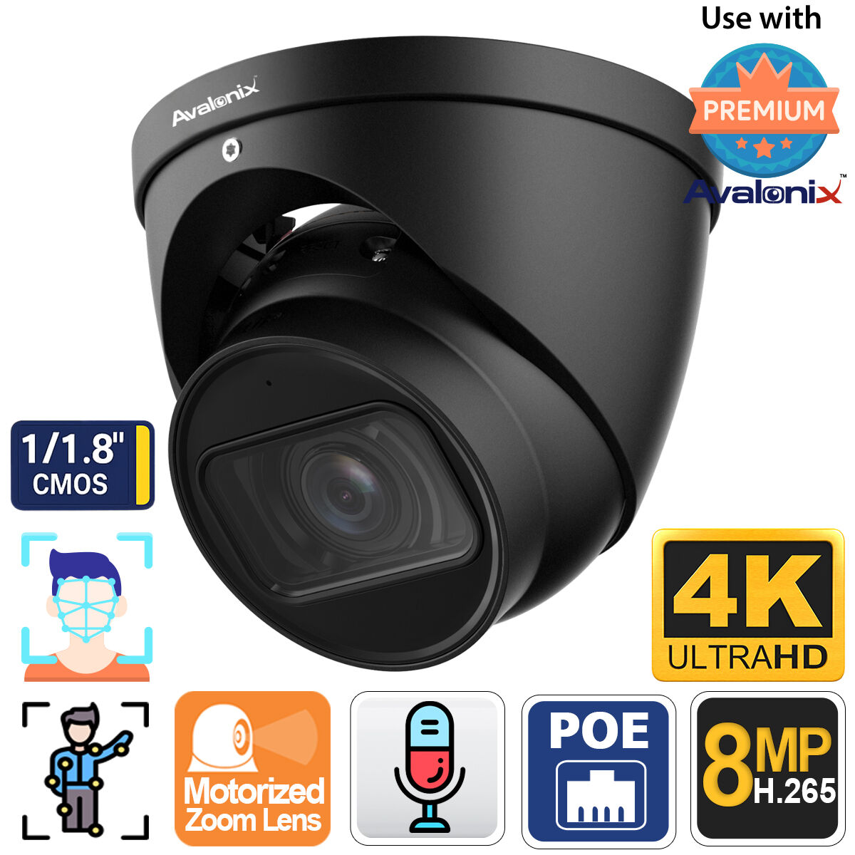 Avalonix 4K Motorized Zoom AI PoE Turret Dome, Black, 1/1.8 inch