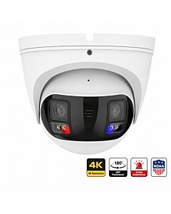 4K 180 degree panoramic PoE turret security camera with active deterrence lights with feature icons