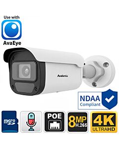 AvaEye AECOB4K front-left bullet camera with MicroSD, microphone, PoE, 8MP H.265, NDAA, and 4K feature icons