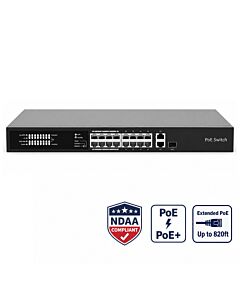 16 port NDAA compliant PoE Plus switch for IP security cameras