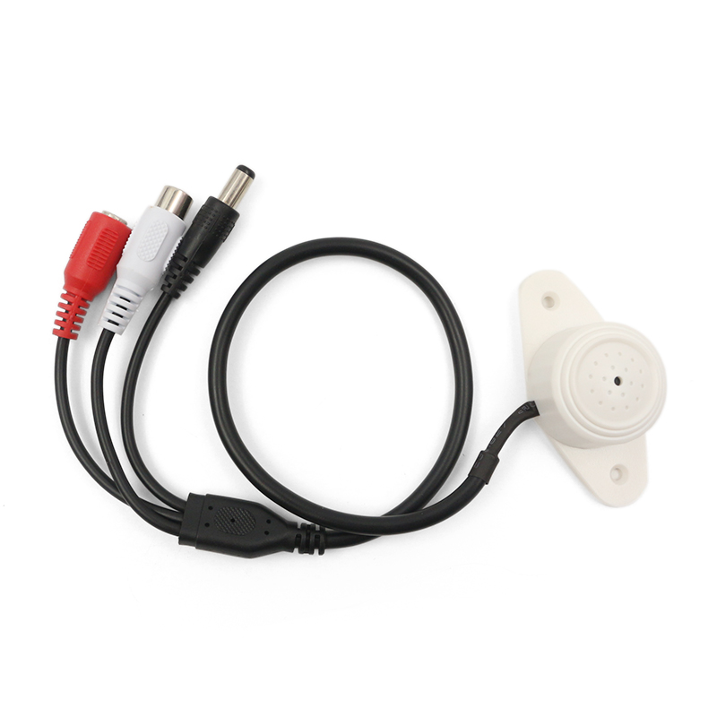 Outdoor security camera microphone with adjustable gain and RCA audio output