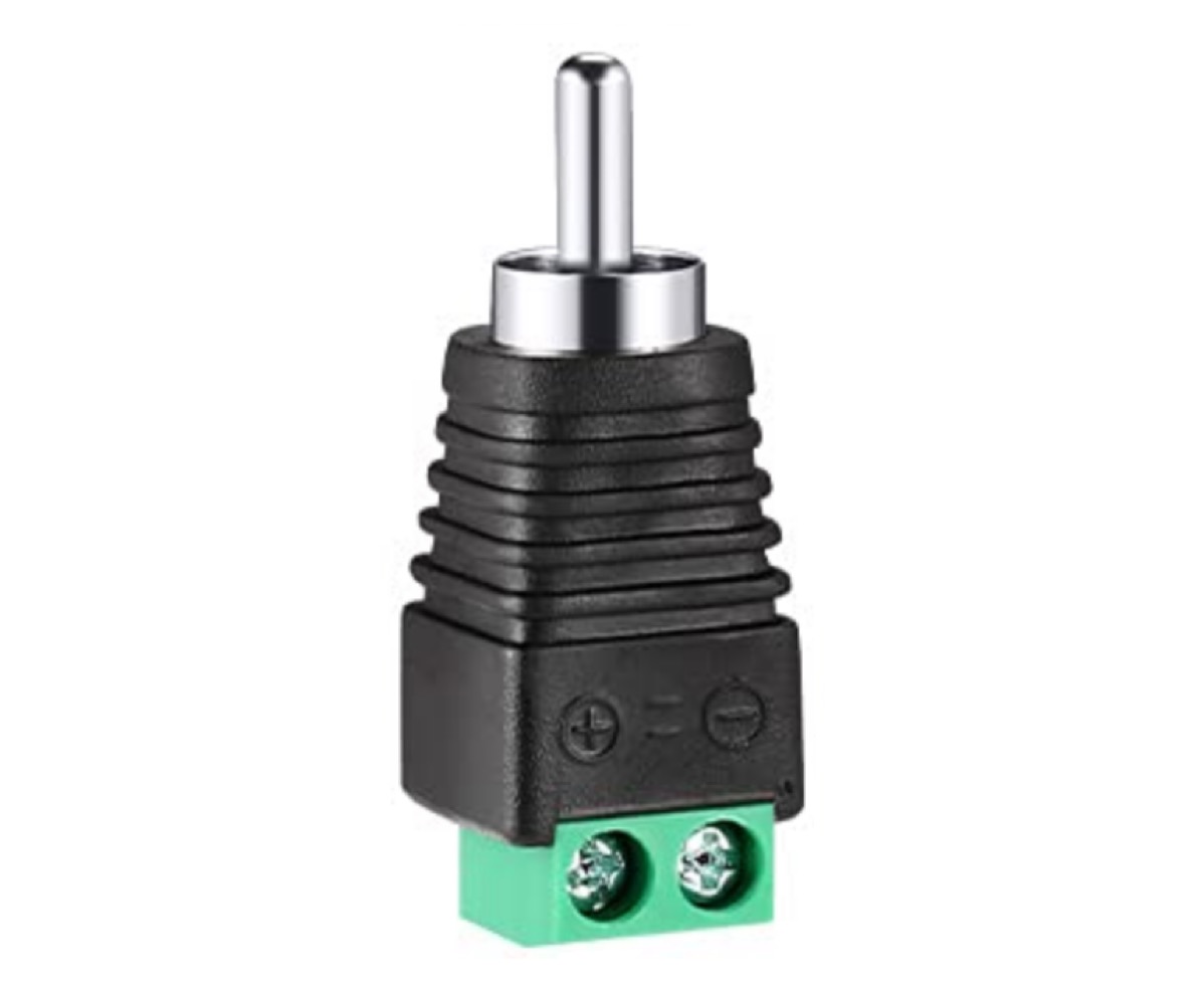 RCA audio balun for connecting a microphone to a two-lead security camera audio input