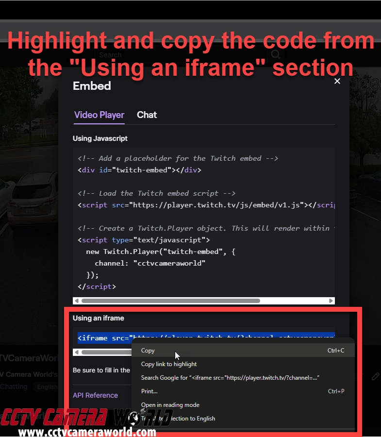 Highlight and copy the code from the using an iframe section