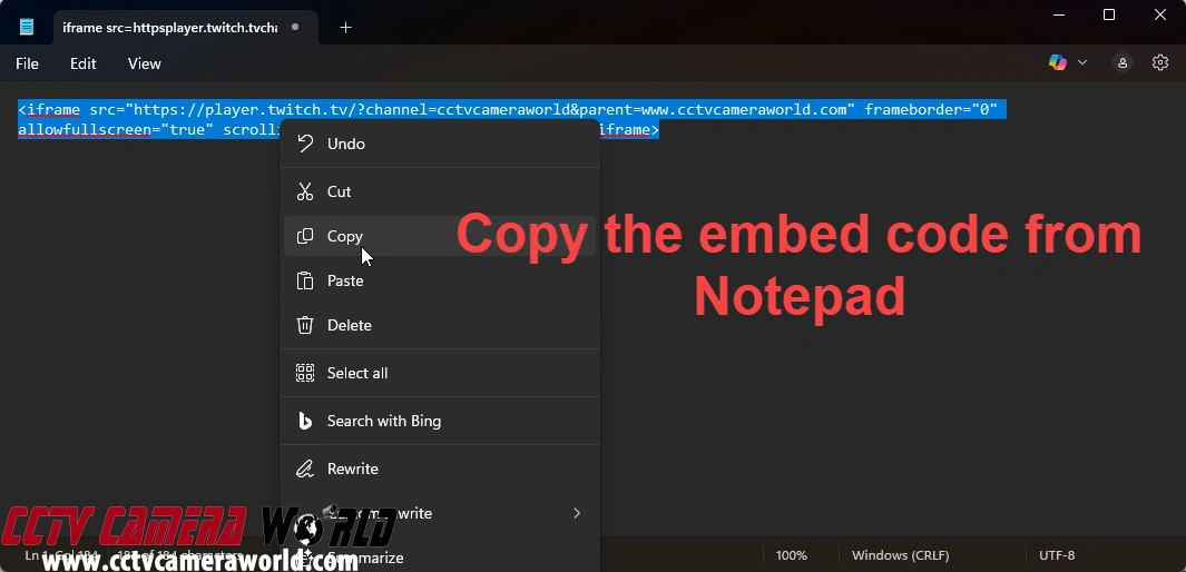 Copy the embed code from Notepad