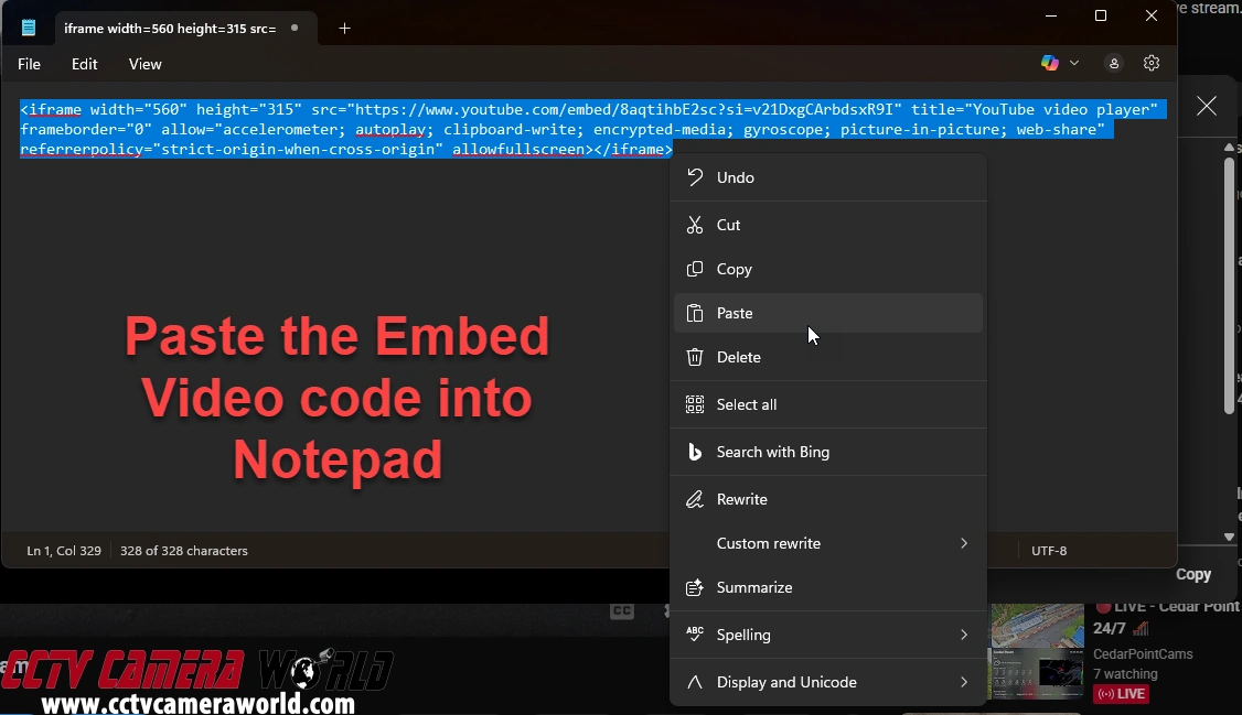 Paste the Embed Video code into Notepad