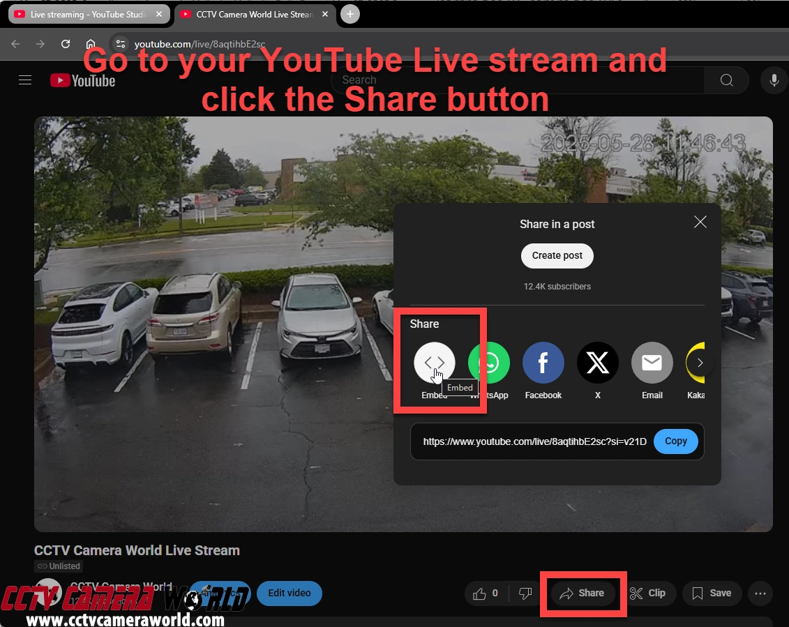 Go to your YouTube Live stream and click the Share and Embed buttons