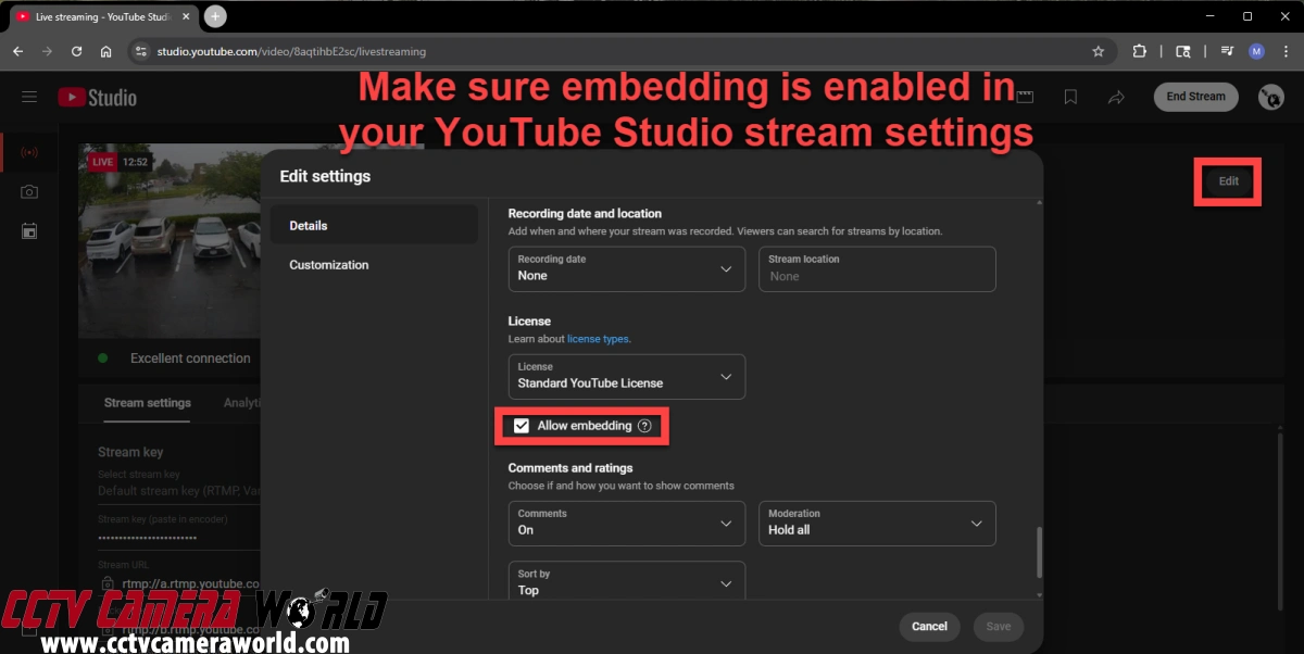Ensure that the Allow Embedding option is ticked for your livestream