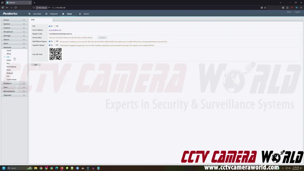 Ensure that the P2P setting is enabled in your device and you copy the register code