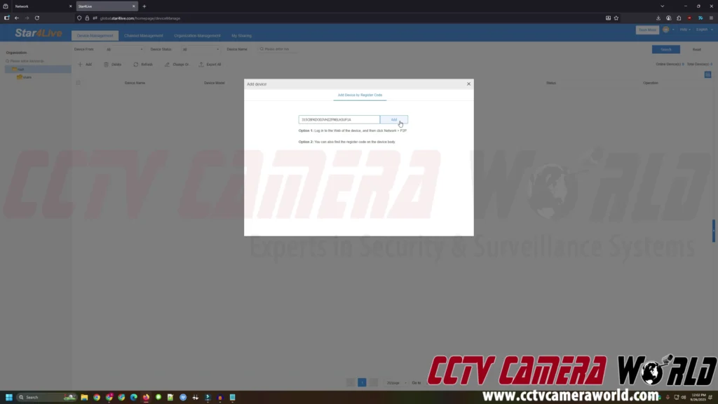 Enter your device Registration code and click Add