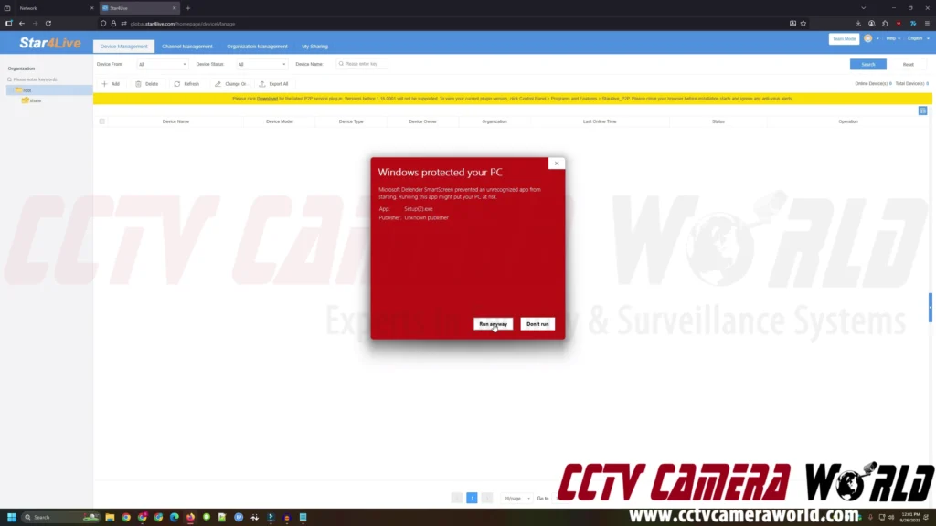 Some browsers and computers will display a warning when installing the P2P remote access plugin
