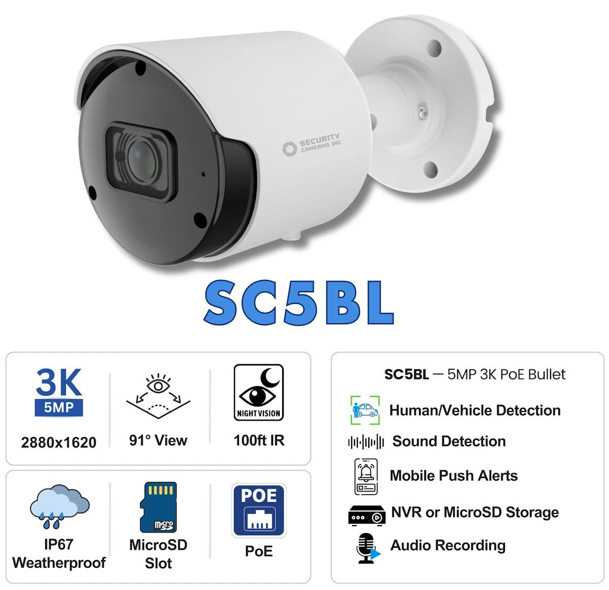 Specifications of the SC5BL 5MP 3K Security Cameras Inc Bullet Camera