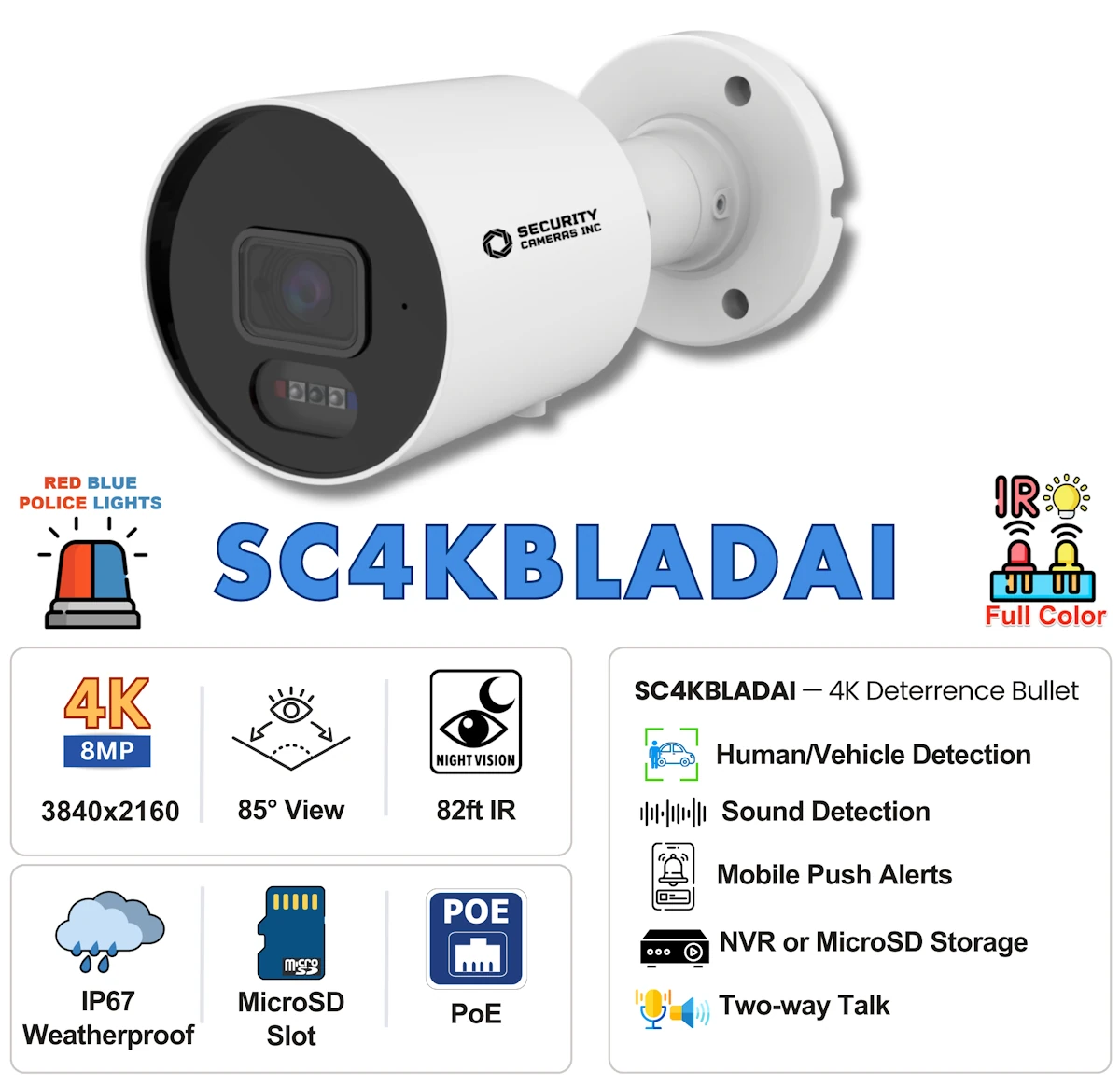 Specifications of the SC4KBLADAI Active Deterrence 4K 8MP Security Cameras Inc Bullet Camera