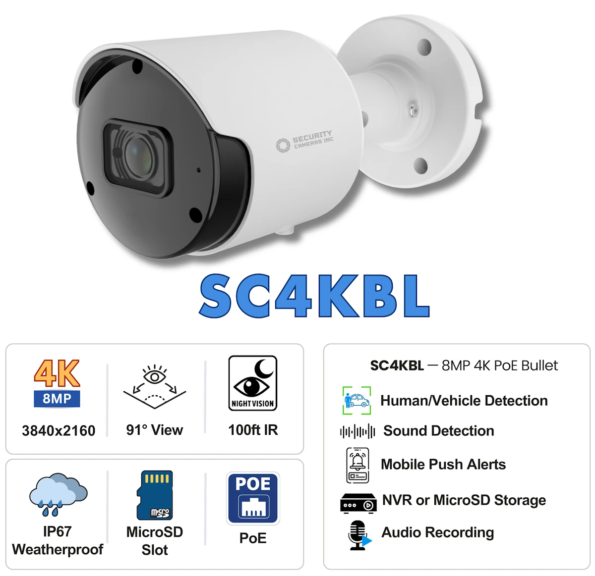 Specifications of the SC4KBL 8MP 4K Security Cameras Inc Bullet Camera