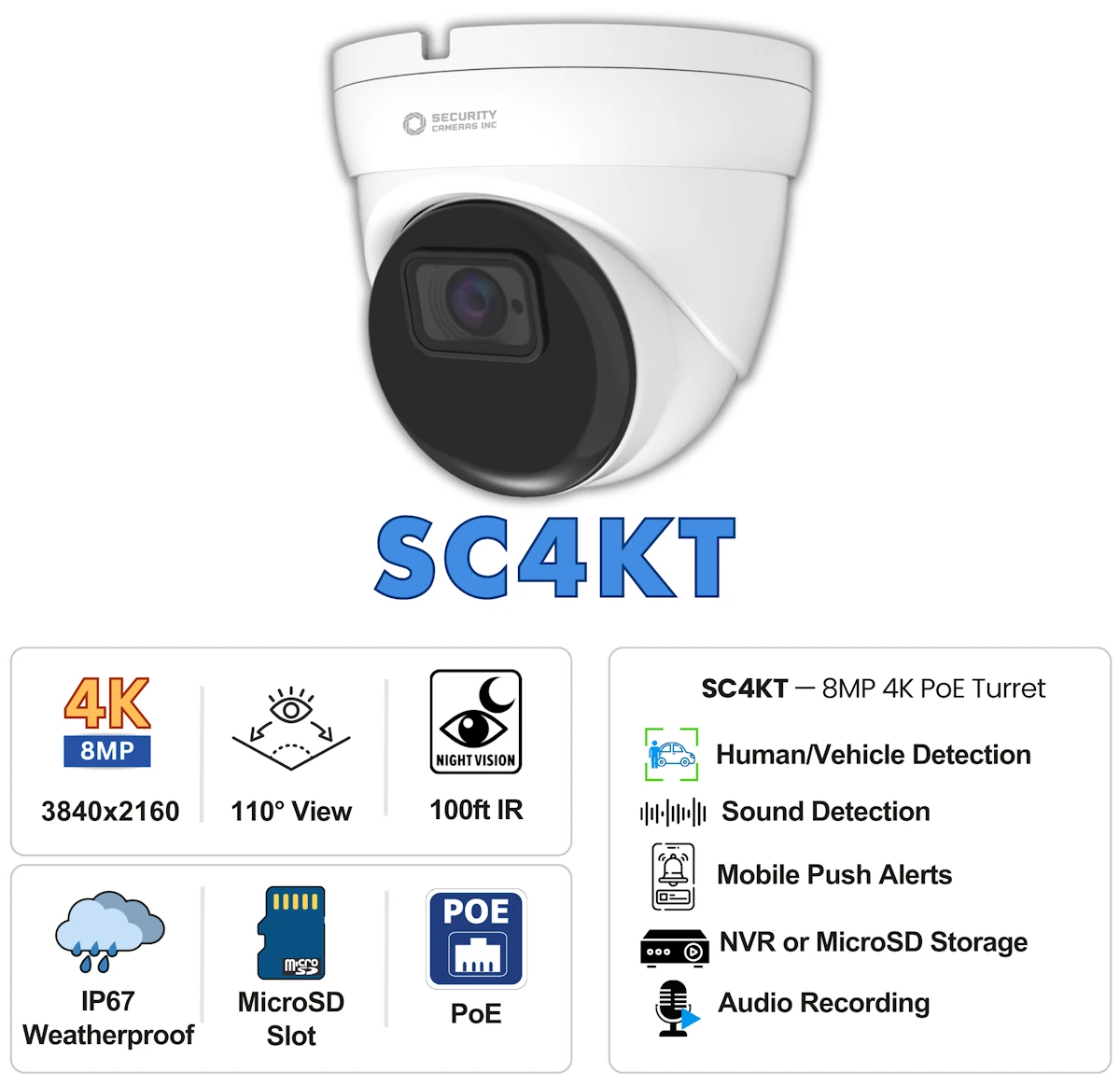 Specifications of the SC4KT 8MP 4K Security Cameras Inc Turret Dome Camera
