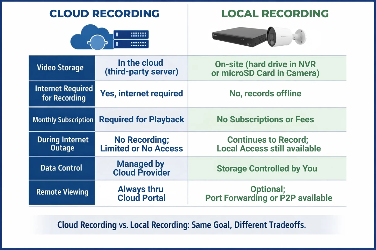 Cloud vs Local Recording Table with tradeoffs
