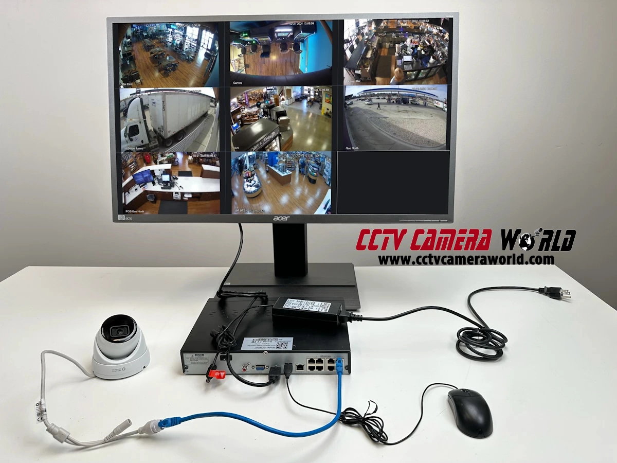 A standalone local recording setup showing an NVR and IP camera with camera grid on the screen