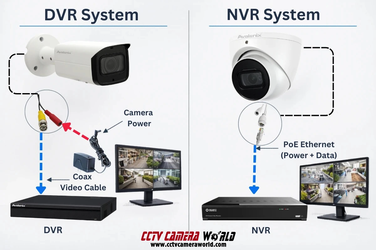 DVR vs NVR security camera system diagram showing analog coax camera with power cable compared to PoE IP camera connected to NVR with ethernet