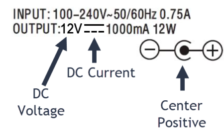 A center positive 12v dc power supply label