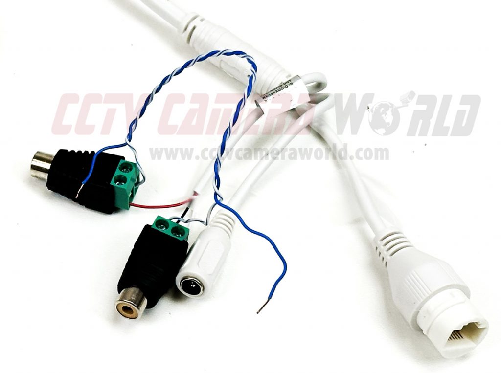 2-lead wire audio connector on IP camera pigtail