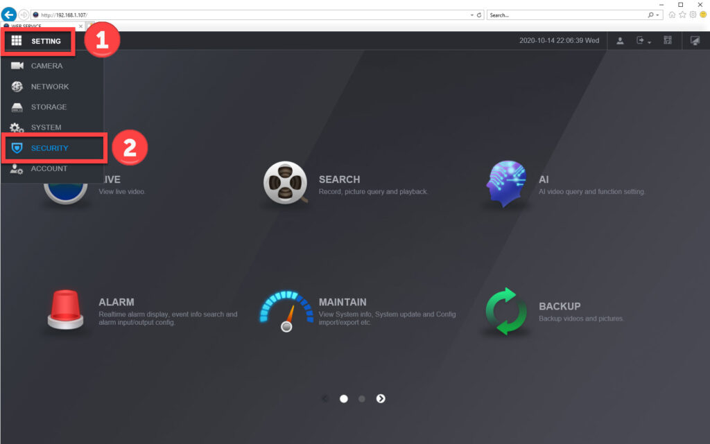 web interface main menu select security