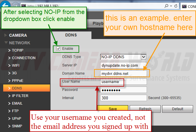 Entering DDNS settings in to the DVR