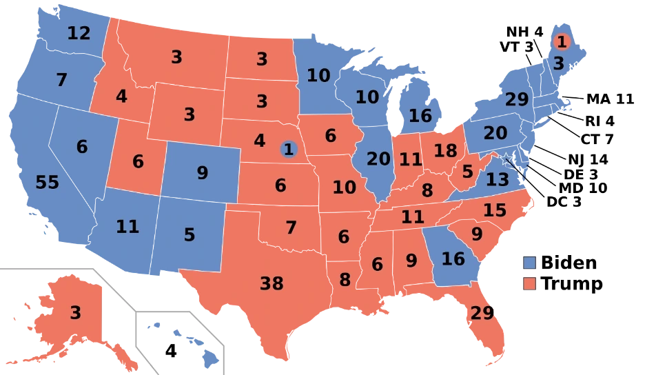 Map of the Electoral College for the United States presidential election, 2020,