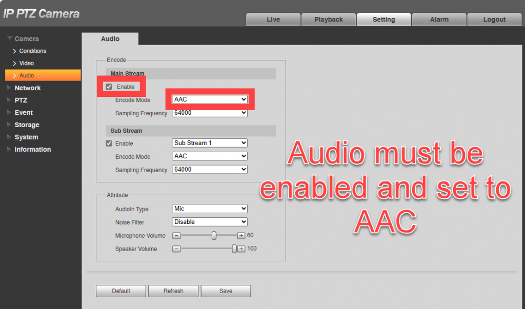 audio encoding must be enabled and set to AAC