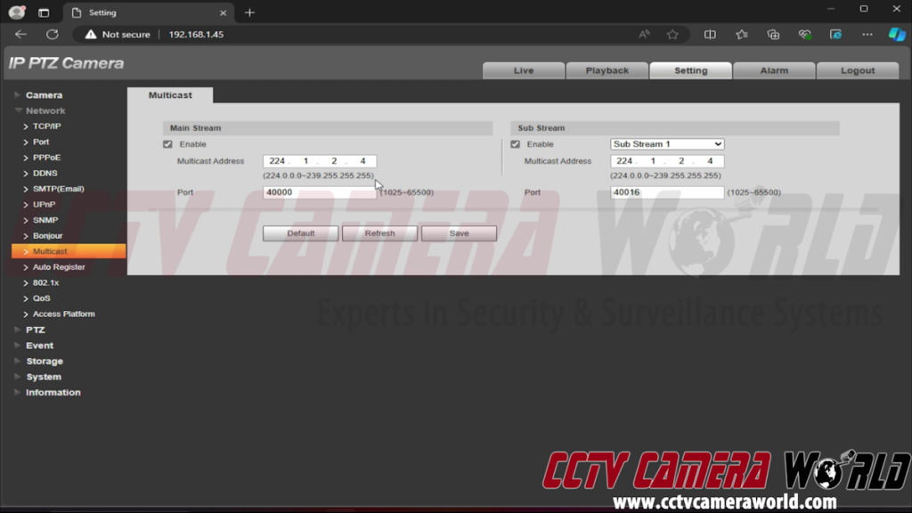 The web interface allows you to enable, disable, and configure TCP/IP multicast streaming