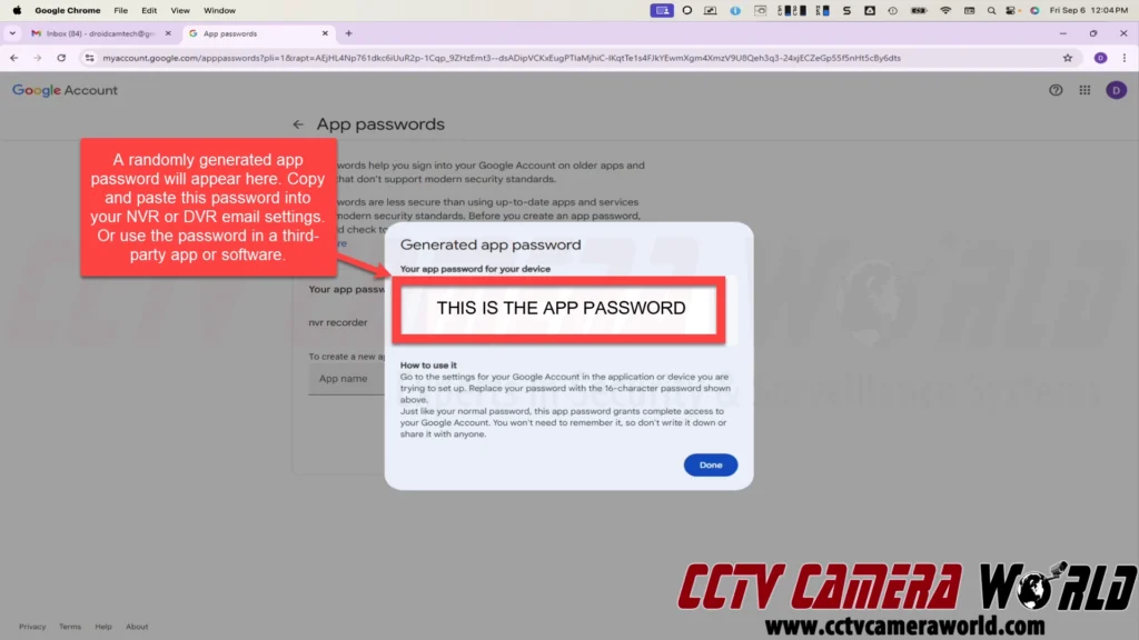 The generated app password can be copied and pasted into your DVR or NVR email settings page or used with a third-party app or software
