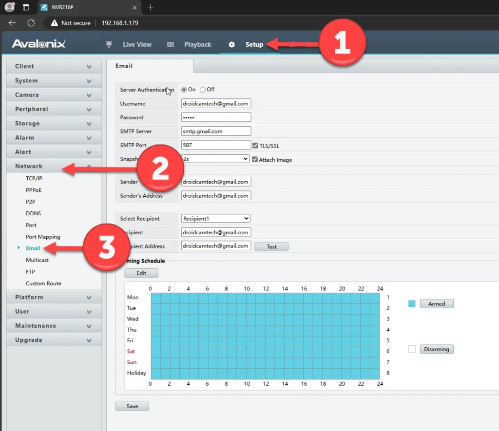 Navigate to the email settings in the web interface of your NVR