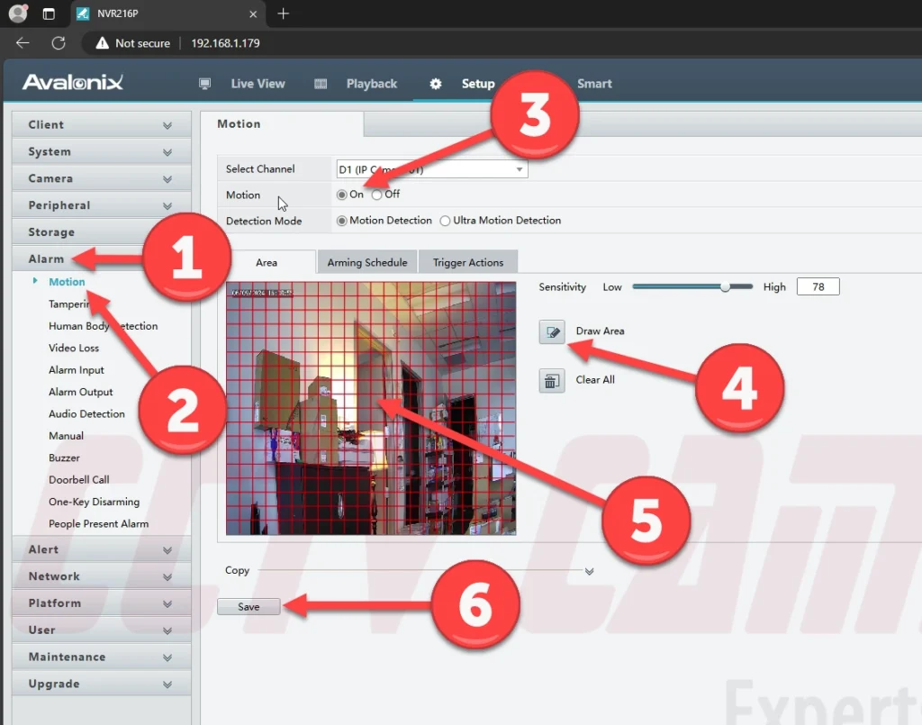 Set up motion detection settings for the camera you want alerts from in the web interface of the NVR