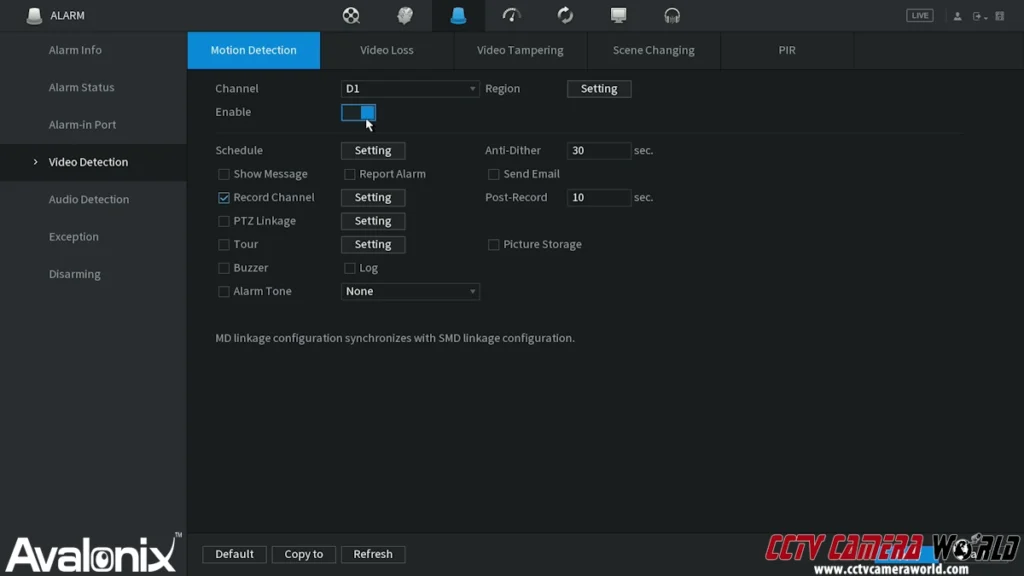 Motion Detection settings to make sure motion is enabled