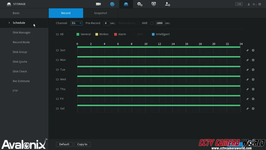 24/7 Storage schedule settings for an avalonix premium series NVR