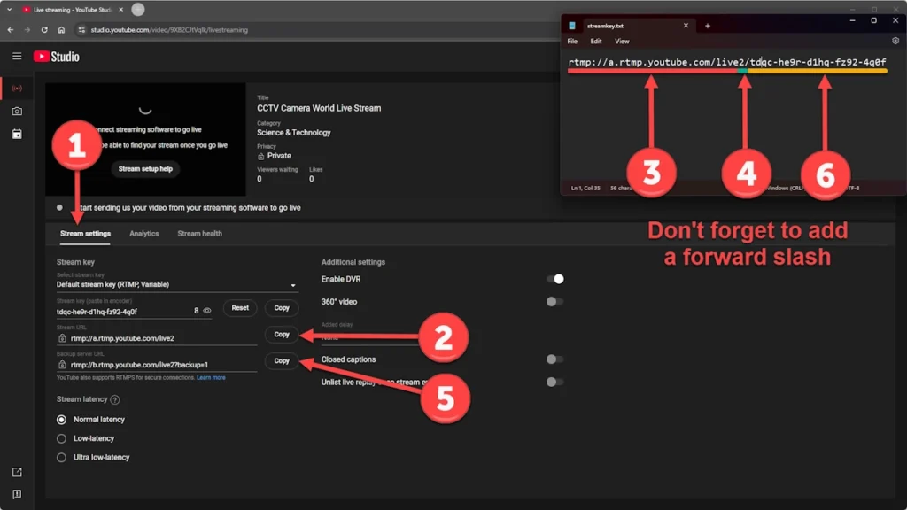 Create the stream URL by combining the server URL with your unique streamkey