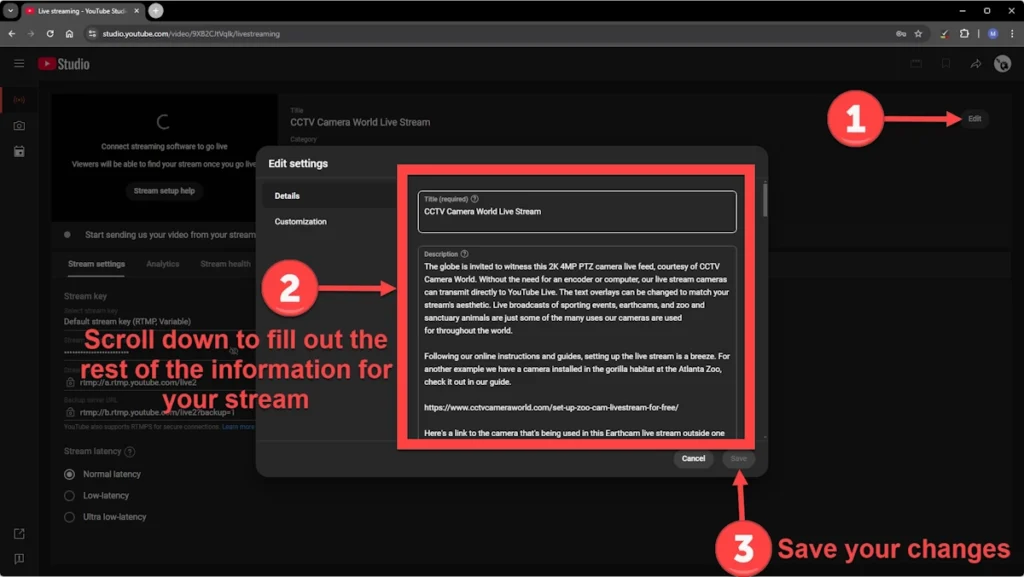 Modify the title, description, and other data for your stream