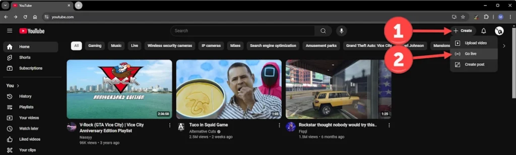 Go live button within YouTube's home page