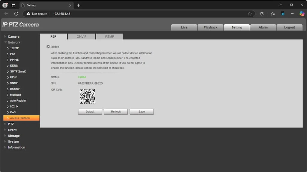 Check the P2P status in the network settings of your camera