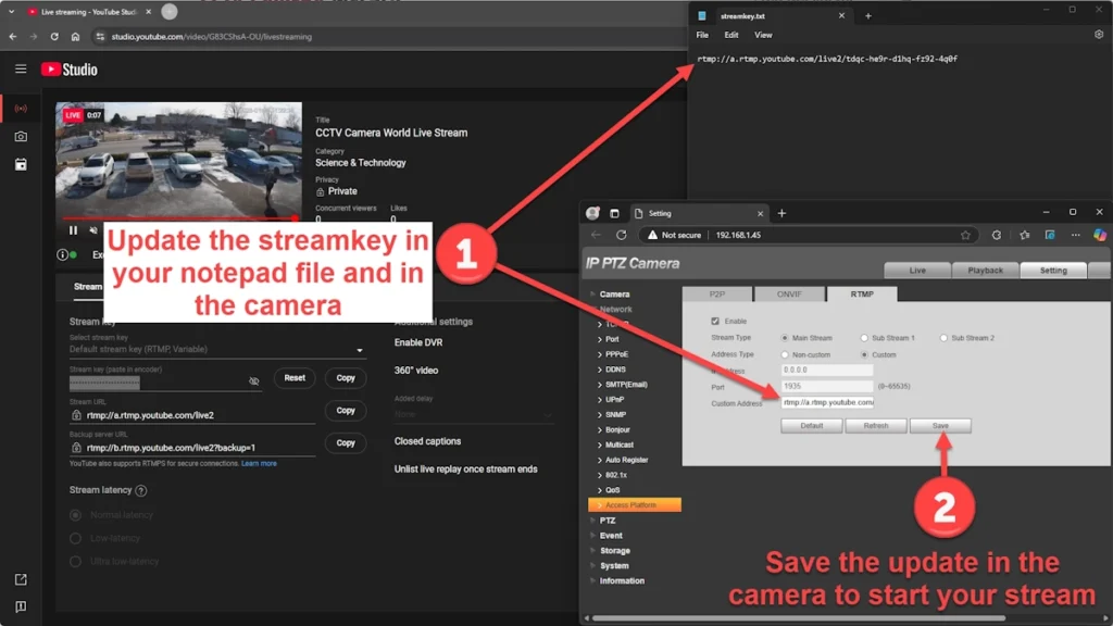 Update your stream URL after resetting your stream key and update it in the camera's settings
