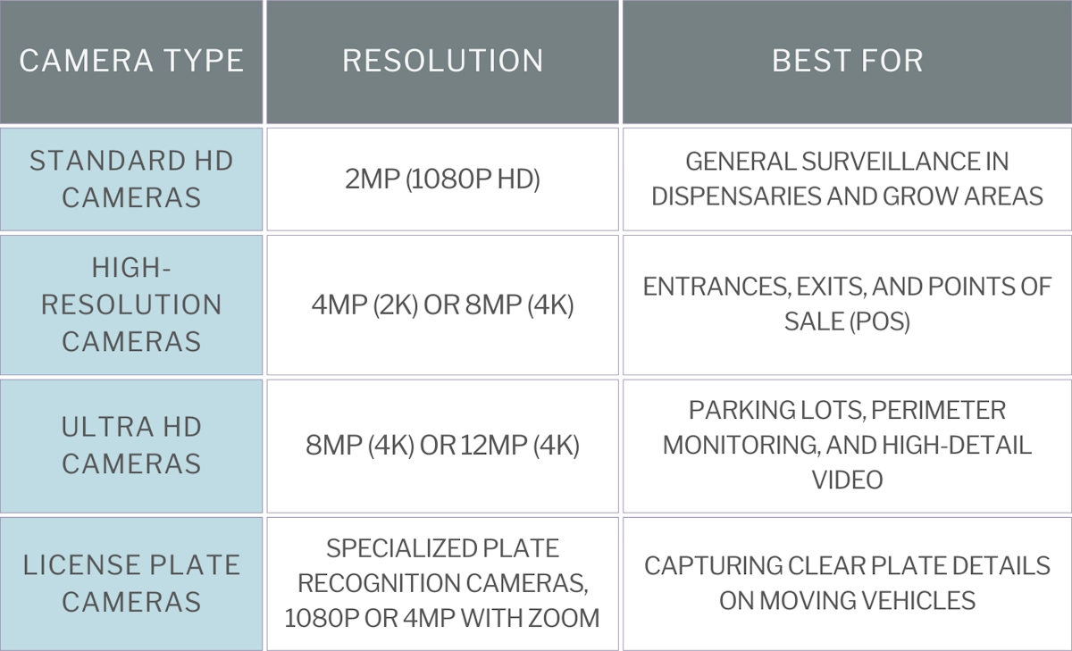 Table of suggested camera resolutions for cannabis businesses