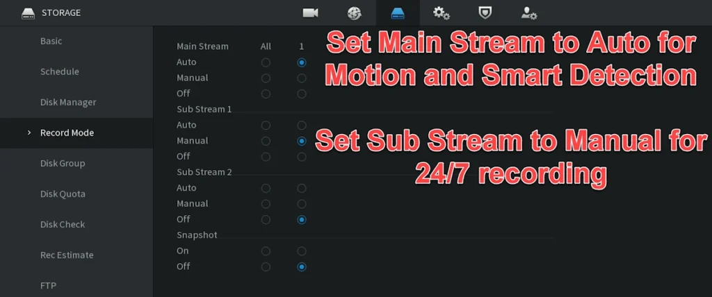 Main Stream recording is useful for investigative purposes but requires more storage space. Sub stream recording requires less storage and can be efficiently recorded continuously