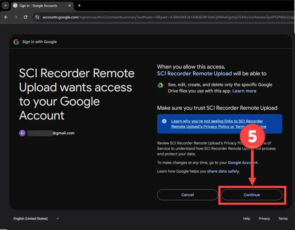 Click continue to provide your SCI recorder with access to your Google Drive
