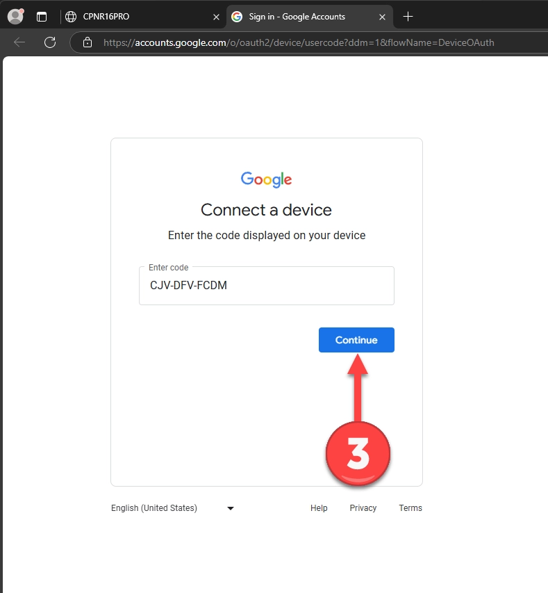Type or paste the device code in and click Continue