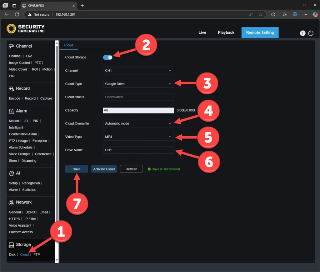 How to configure a cloud based security camera system with Google Drive