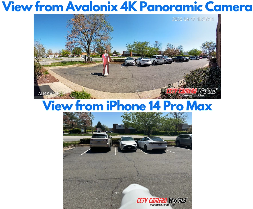 Image comparing the field of view of a panoramic 4K PoE camera with two image sensors to that of a picture taken by an iPhone 14 Pro Max in standard view