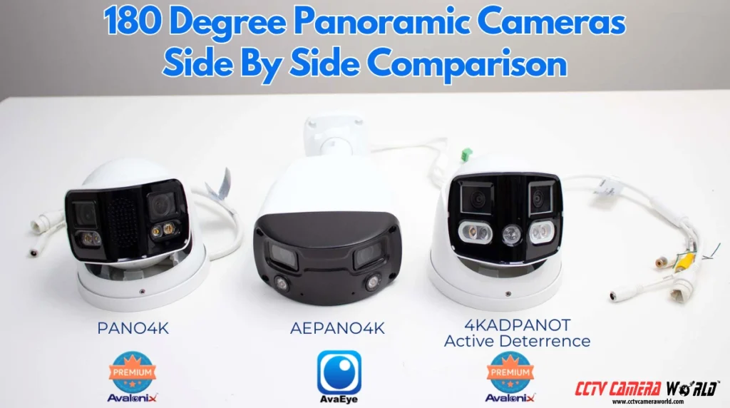 Side by side comparison of bullet shape and turret dome shape panoramic poe security cameras that provide a 180 degree view using two image sensors on each camera