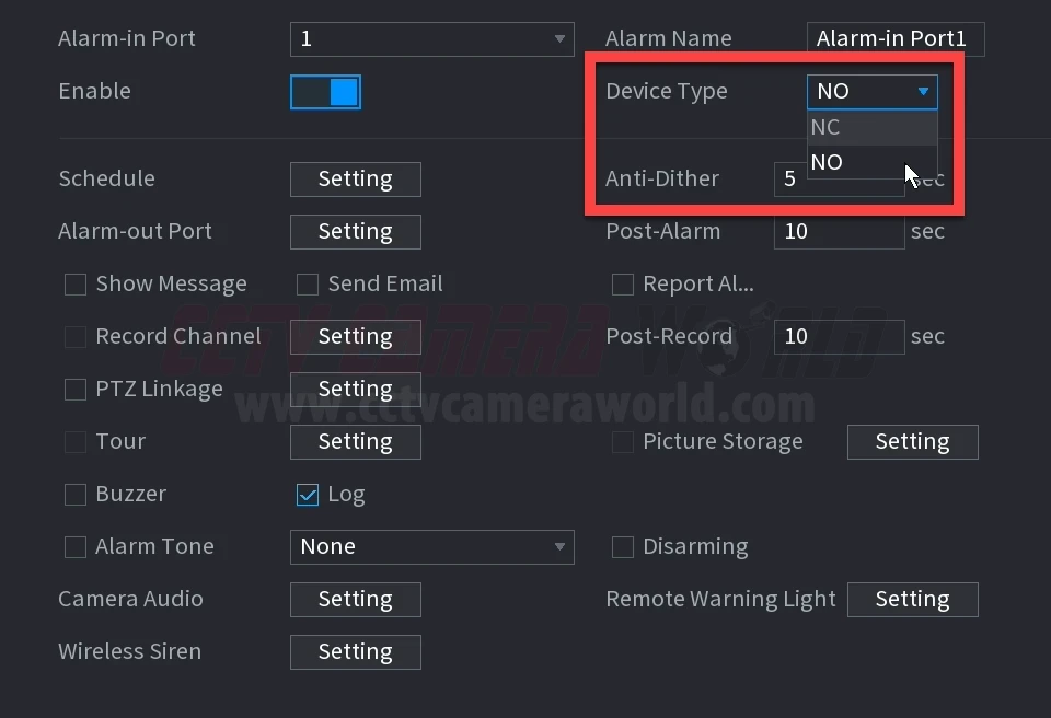 Choose the correct device type for your alarm input