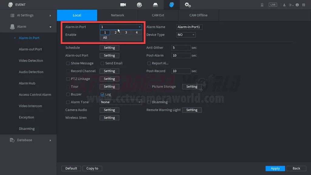 Select the alarm input you have wired up to your NVR to configure it