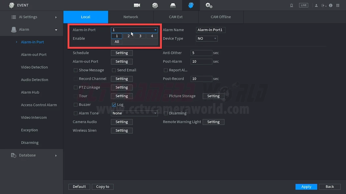 Select the alarm input you have wired up to your NVR to configure it