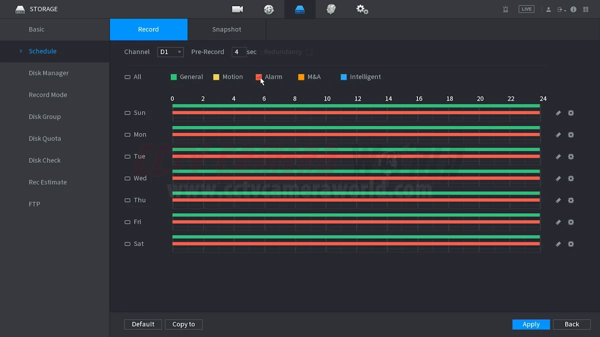 Schedule alarm based recording - this example shows a continuous and alarm based recording schedule